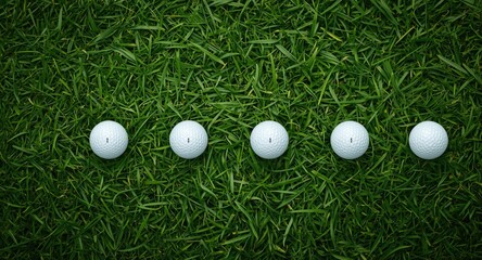Naklejka premium White golf balls lined up on healthy green grass with generous copy space