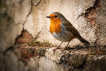 Fototapeta premium A lively bird perched on an old cracked wall with weathered texture