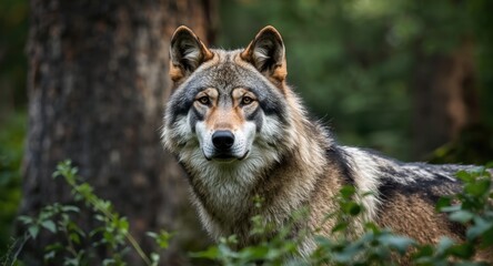 Fototapeta premium Wildlife portrait of a wolf in peaceful forest environment