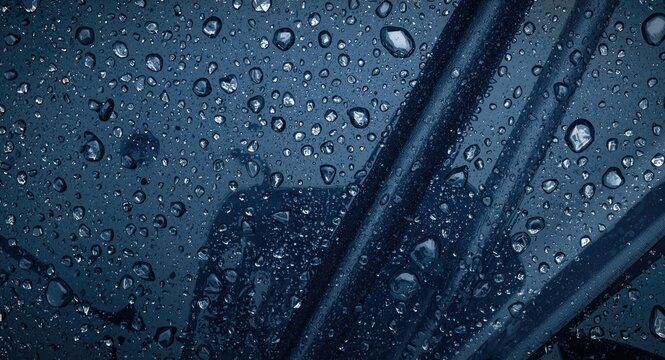 Water resistant fabric viewed from above with raindrops beading up