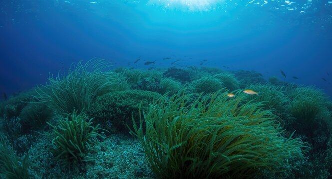 Underwater scene with seagrass and fish including Posidonia oceanica and Sarpa salpa with copyspace for text