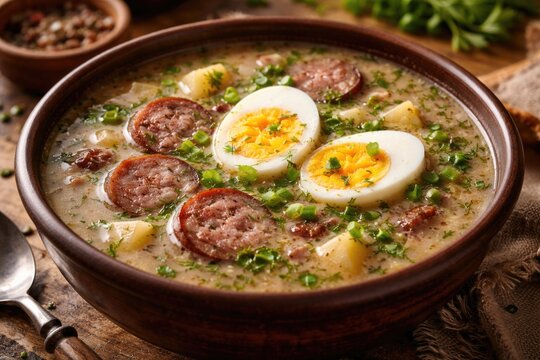 Traditional zurek soup served with sausage slices and boiled egg garnished with fresh herbs and green onions