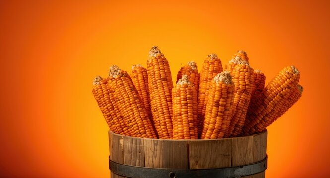 Wooden container filled with bright Indian corn ears against a glowing orange background suited for fall festivities