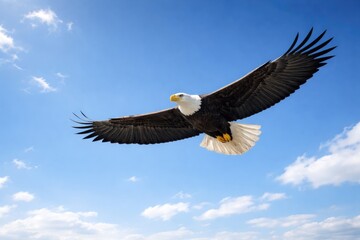Obraz premium A majestic eagle flying above with copy space in a bright blue sky