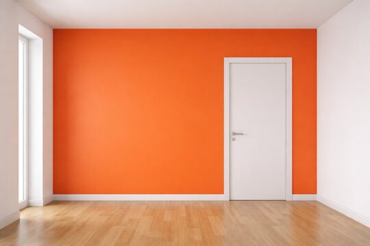 Minimalist empty room with a bright orange accent wall and a simple white door