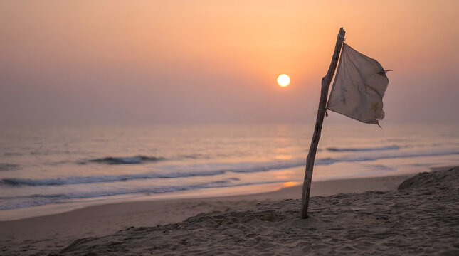 Sunrise over a sandy beach with a tattered white flag on a wooden pole, casting long shadows