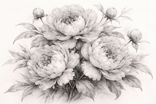 Graceful monochrome peonies in a detailed botanical sketch capturing natural beauty