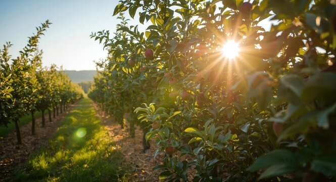 Sunlit selective apple tree farm showcasing healthy seasonal growth