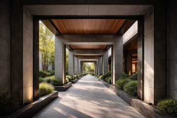 Fototapeta premium Modern Walkway Framed by Architectural Columns â€” Serene Garden Setting with Soft Light