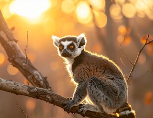 Fototapeta premium Ring-tailed lemur perched on a branch in golden sunlight.