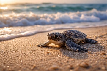 Obraz premium Adorable newborn sea turtle hatchling crawling on sandy beach with ocean waves