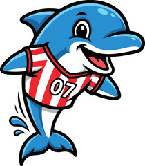 Naklejka premium Happy Dolphin Athlete Mascot Illustration, Sporty Sea Animal Character in Striped Jersey Vector