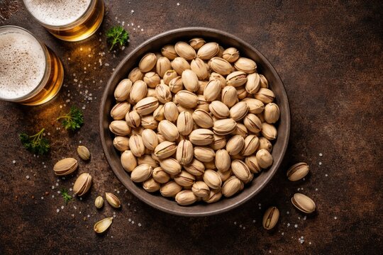Top view of a bowl filled with pistachio nuts for beer snacks with copy space in flat lay composition