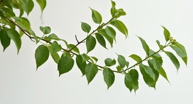 Vibrant green mulberry leaves on slender branches positioned on a bright white wall surface