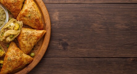 Fototapeta premium Spiced Indian stuffed pastry filled with potatoes peas and onions on a wooden surface with copy space