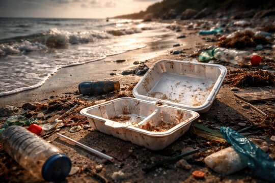 Polluted beach scene with discarded styrofoam container harming marine environment