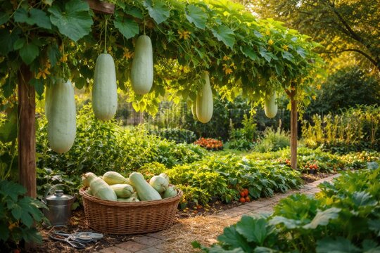 Thriving Wax Gourd Plants in Sunny Backyard Garden