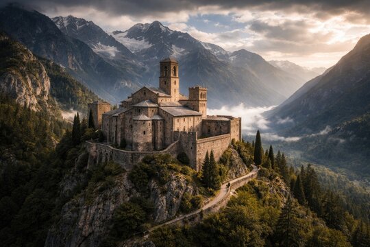 Historic Benedictine Abbey on a Mountainous Landscape