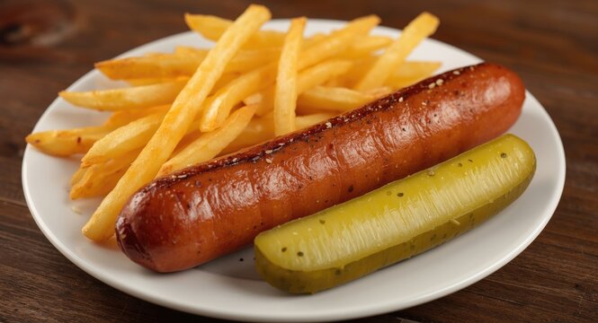 Traditional seasoned sausage accompanied by golden French fries and a pickle spear