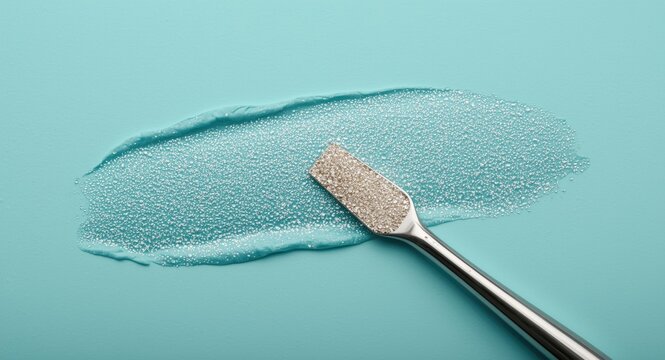 Live rosin with shimmering texture on silver dab tool over a smooth turquoise surface