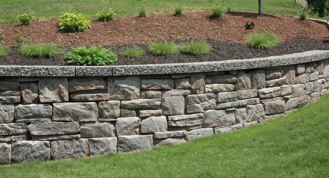 Sturdy hillside retaining wall constructed from diverse gneiss stones with granite attic and narrow joints enhanced by perennial ground cover