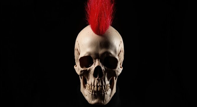 Skull portrait with a tall spiked mohawk symbolizing punk ethos