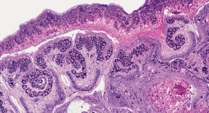 Histological view of abnormal endometrial gland and stroma distribution in tissue outside the uterus