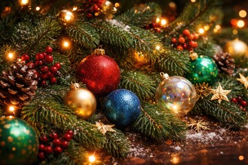 Fototapeta premium Pine Branches Adorned with Colorful Ornaments and Lights