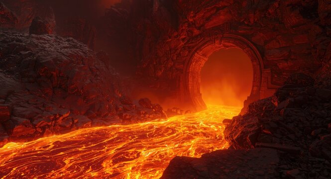 A blazing molten river bordering a menacing demon gate within an otherworldly volcanic scene