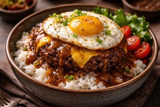 Delectable loco moco cheeseburger bowl with savory gravy and rice
