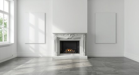 Obraz premium Stylish living room with fireplace, grey concrete floor, and two empty canvases on white wall