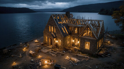 Fototapeta premium Stone house under construction near lake at dusk with warm lights glowing inside creating cozy and peaceful atmosphere in quiet natural setting