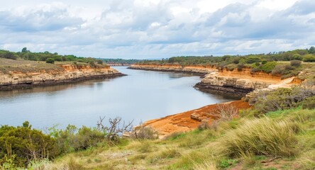 Obraz premium Watercolor landscape emphasizing the detailed riverbanks along a serene bay