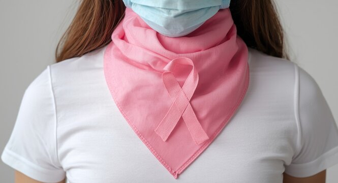 Woman with signs of chemotherapy wearing pink scarf as breast cancer symbol on awareness day
