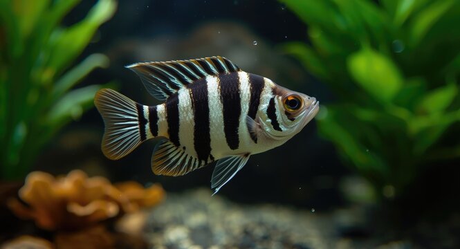 Zebra Otocinclus pet fish contrasting patterns in planted aquarium