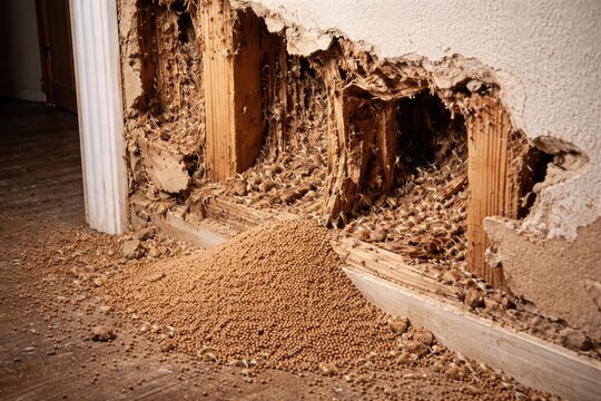 Termite Damage on House Wall with Fecal Pellets and Exposed Wood