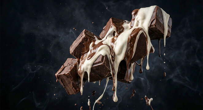 Levitating dark chocolate cubes with dripping white and milk chocolate cream on a smoky dark background