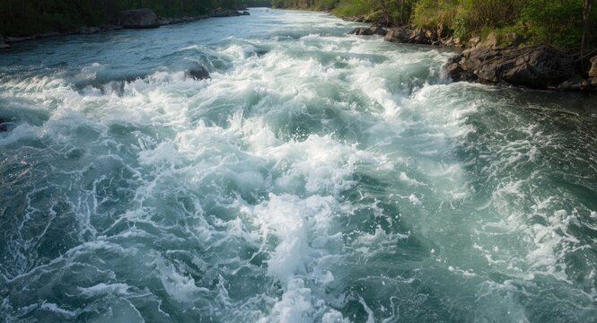 Vibrant river stream covered in dense white foam from strong water turbulence
