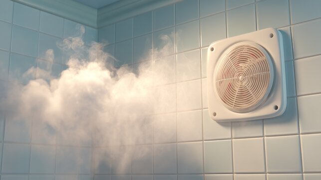 Steam From Shower Ventilated Through Fan in Bright Bathroom Scene