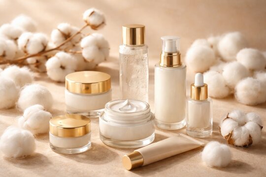 Cosmetics and skin care products arranged on beige background with soft cotton balls