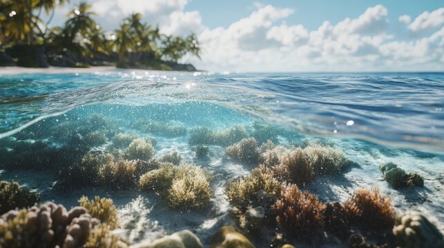 coral island shoreline, waves gently lapping over coral reefs, generative ai