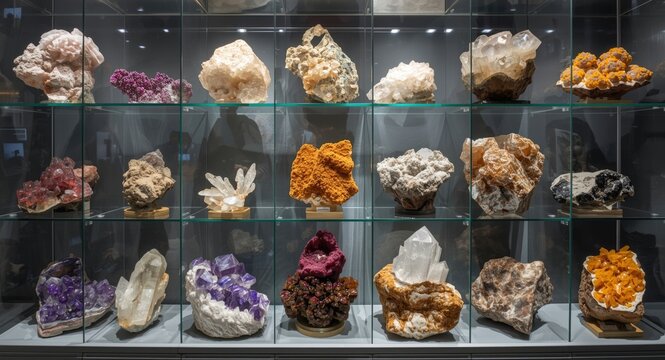 Variety of minerals and crystals displayed in transparent cases at geological showcase