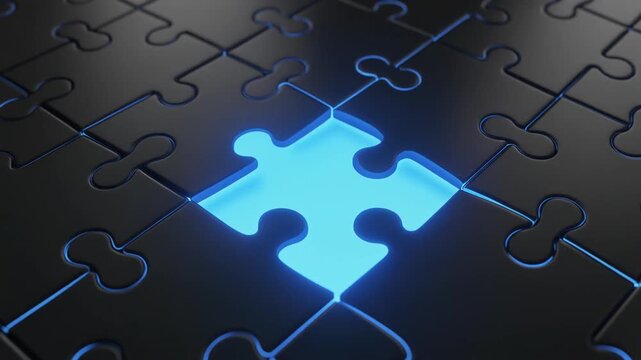 Glowing Blue Puzzle Piece Fitting Together, Business Solution Concept Animation