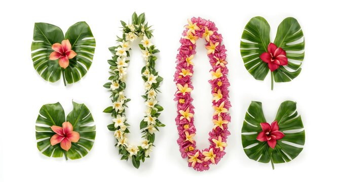White background isolated Ti Leaf Lei set with six distinct Maile style floral arrangements suitable for anniversaries and graduation events