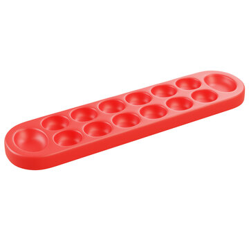Abstract 3D long dakon board with multiple holes red surface isolated on white background representing traditional Indonesian game concept