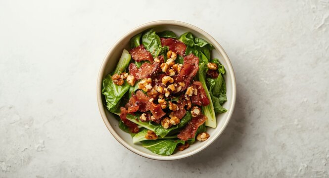 High angle view of escarole salad garnished with crispy bacon caramelized onion and crunchy walnuts