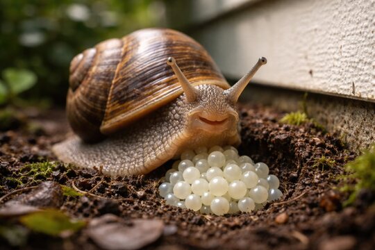 Close up of a happy garden snail laying eggs near a home exterior
