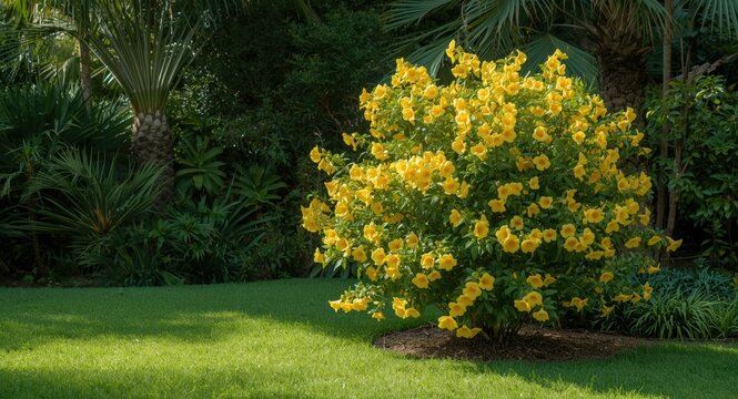 Tecoma stans shrub with clusters of bright trumpet shaped flowers