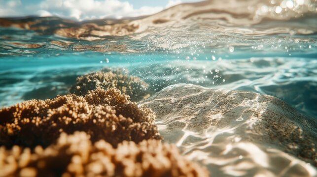 coral island shoreline, waves gently lapping over coral reefs, generative ai