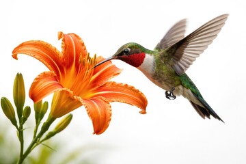 Obraz premium A vibrant ruby throated hummingbird feeding on an orange day lily with a clean white background